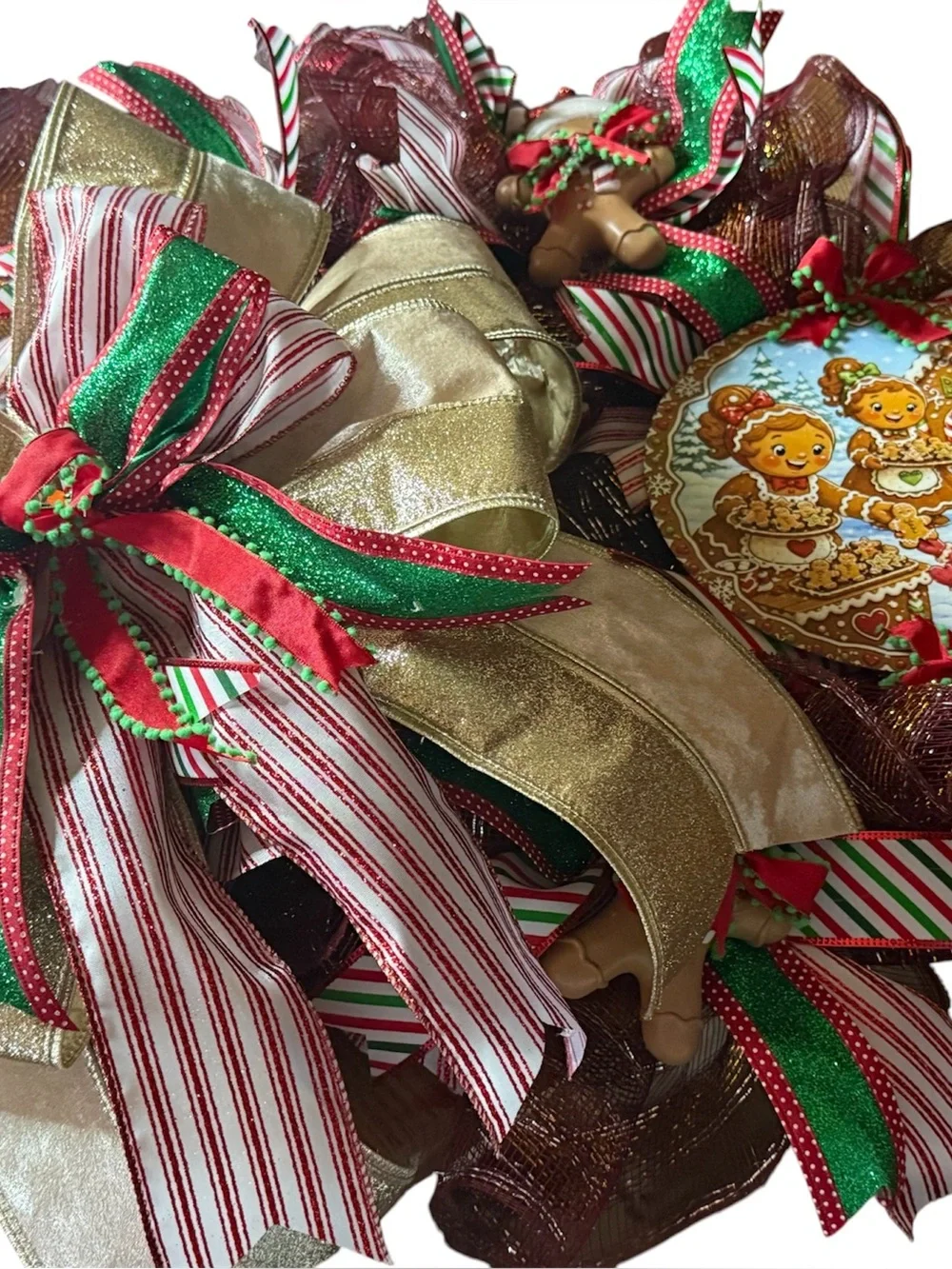Festive Holiday Bow Wreath with Gold, Red & Green Ribbons - Unbranded
